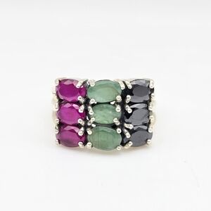 Multi Gemstone Emerald Ruby Sapphire Sterling Silver Ring Size 8